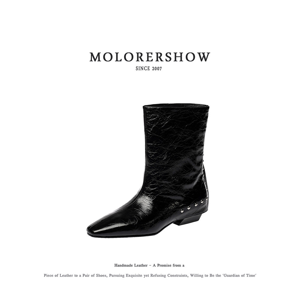 MOLORERSHOW【肌理飒然】抓皱亮面铆钉短靴尖头小众个性踝靴