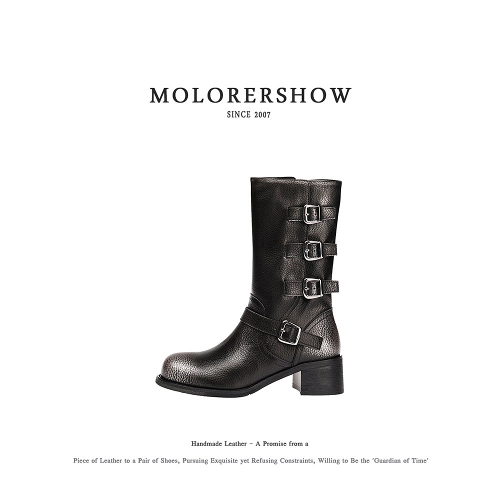 MOLORERSHOW【机车靴】圆头皮带扣粗跟骑士靴显瘦百搭复古中筒靴