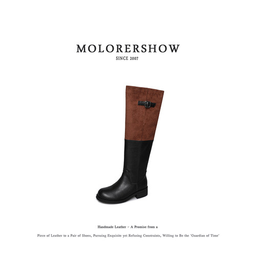 MOLORERSHOW【西部废土】复古拼接两穿织物搭扣圆头低跟西部长靴