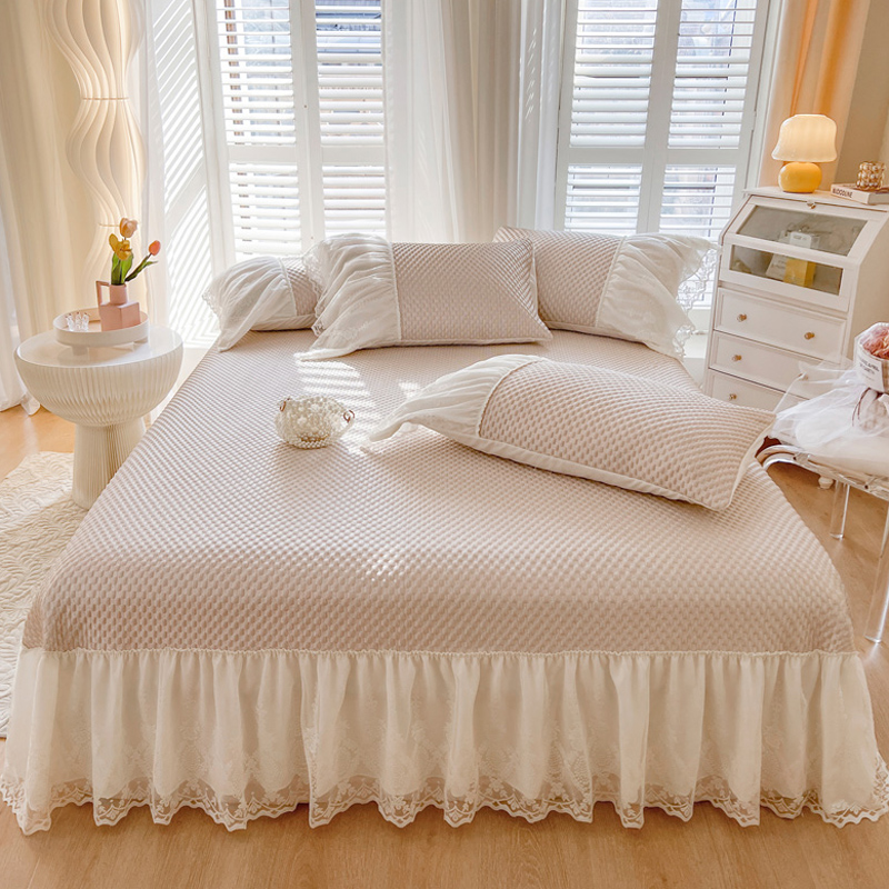 夏天凉感豆豆冰丝凉席三件套床裙式床盖款蕾丝花边可机洗空调软席