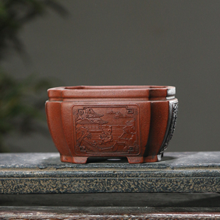 桌面盆栽正方形盆景盆紫砂花盆古画刻绘仿古古典四方觅陶乡菖蒲盆