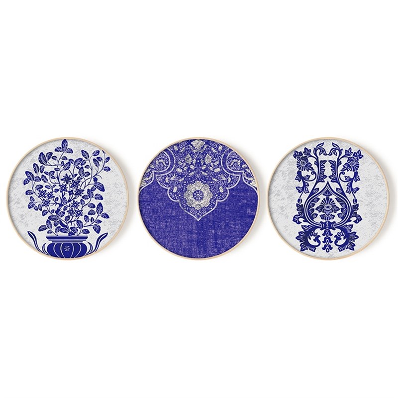 书房收藏室新中式青花瓷紫色花纹圆形装饰画楼梯走廊拐角墙壁挂画图片