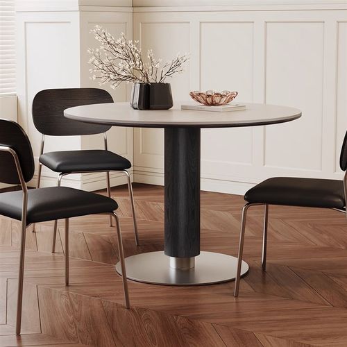 中古风实木餐桌圆桌2025新款家用小户型现代简约白色岩板洽谈饭桌