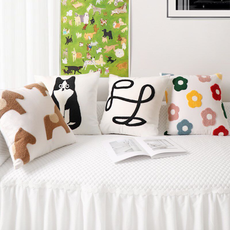 简约客厅抱枕现代靠垫小狗卡通绣花枕套全棉加厚帆布时尚布艺靠包