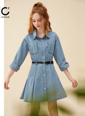 mc2蓝色牛仔连衣裙女2024春秋款复古风收腰显瘦长袖牛仔裙小个子