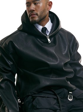 OUTOF - 款号96 立体廓形皮衣套衫美式连帽皮卫衣