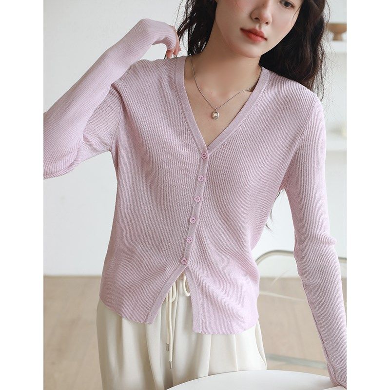 粉色针织开衫女2024新款春夏薄款V领内搭打底衫修身显瘦防晒外搭