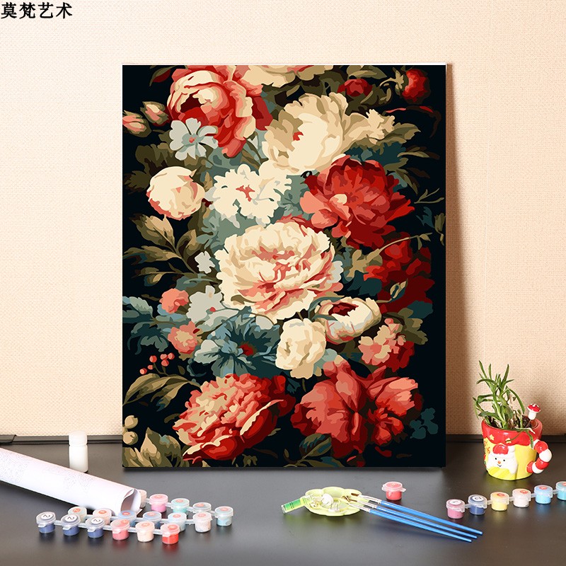 数字油画diy手工填充复古大气富贵牡丹花手绘装饰丙烯涂色油彩画图片