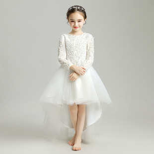 女童公主裙蓬蓬纱小女孩花童婚纱儿童晚礼服白色长袖纱裙洋气高端