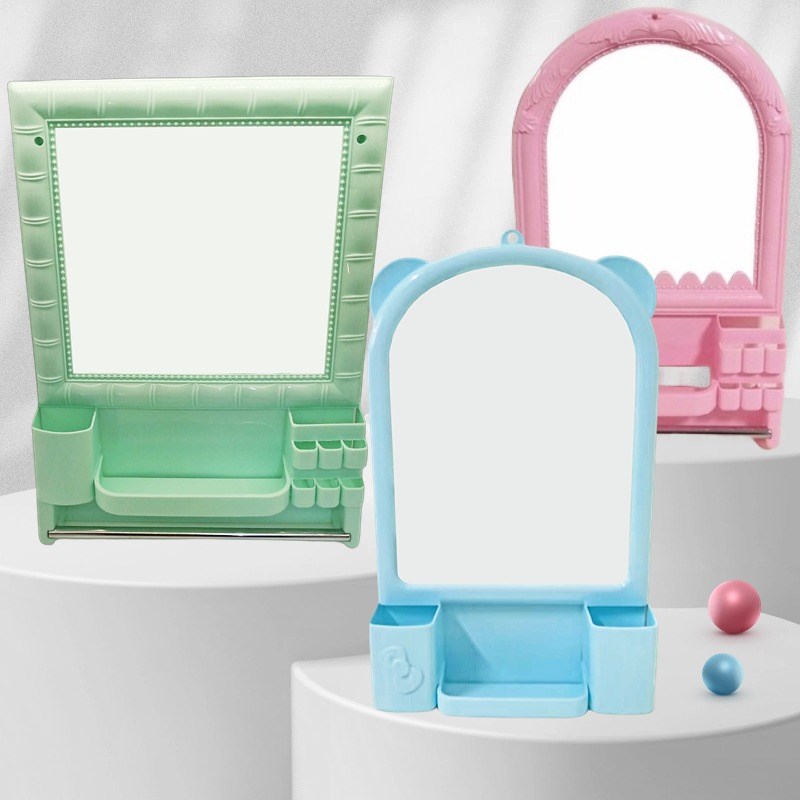 家用镜子卫生间厕所挂墙镜免打孔镜简约塑料浴室置物梳妆台化妆镜