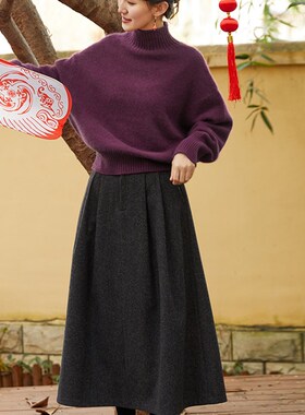 忘城N662座/写在年末/冬季精纺羊毛混纺薄毛呢灰色保暖a字半身裙