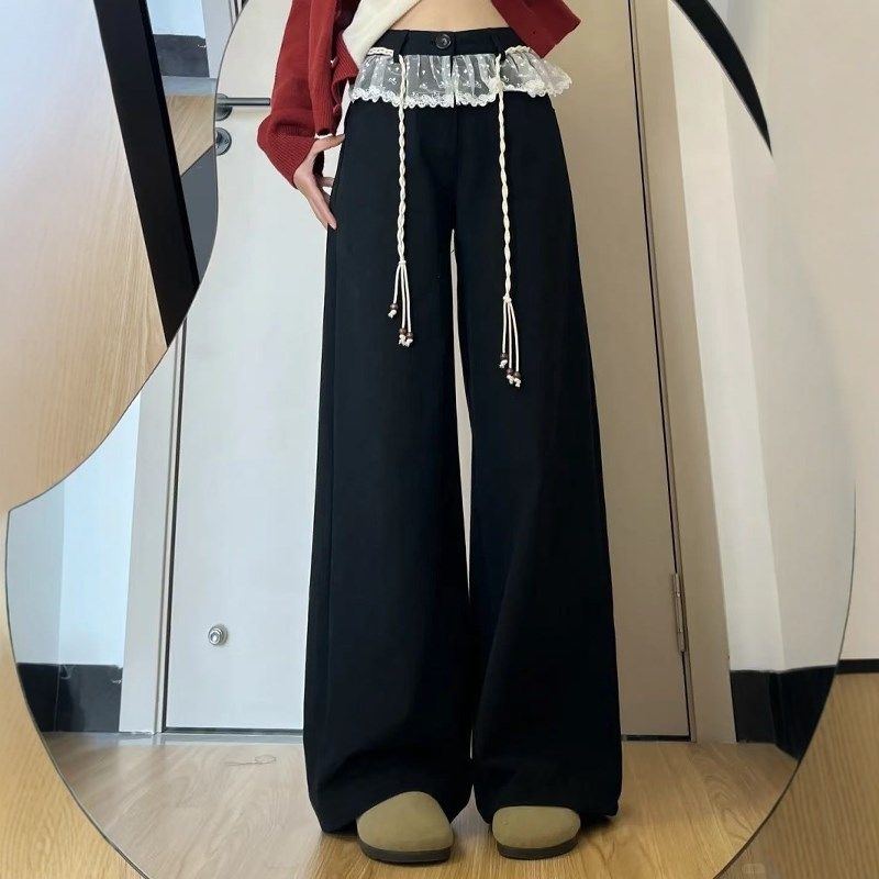 设计感蕾丝拼接腰绳黑色阔腿牛仔裤女春秋美式高腰宽松直筒长裤子