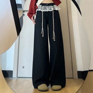 设计感蕾丝拼接腰绳黑色阔腿牛仔裤女春秋美式高腰宽松直筒长裤子