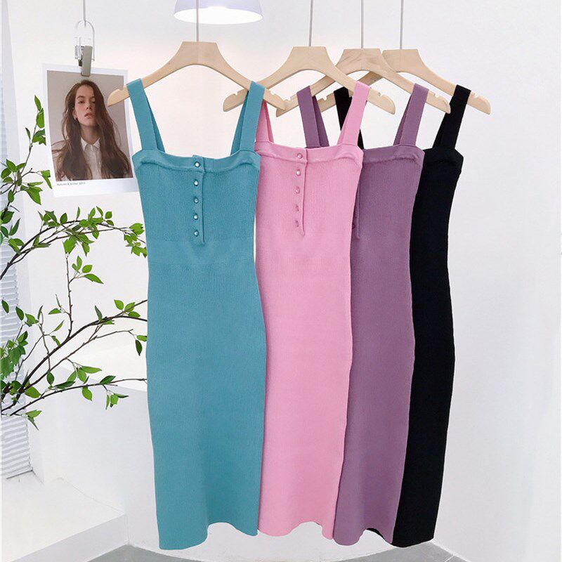 2022秋冬季新款复古港味方领打底背心吊带连衣裙修身针织包臀长裙