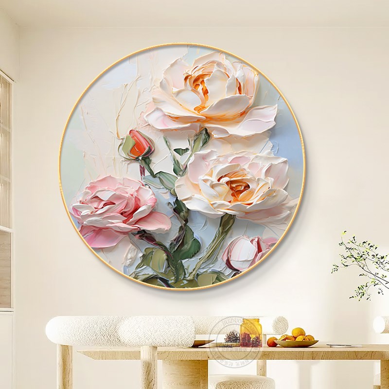 肌理感花卉圆形装饰画入户玄关鞋柜挂画餐厅饭桌客厅走廊过道壁画图片