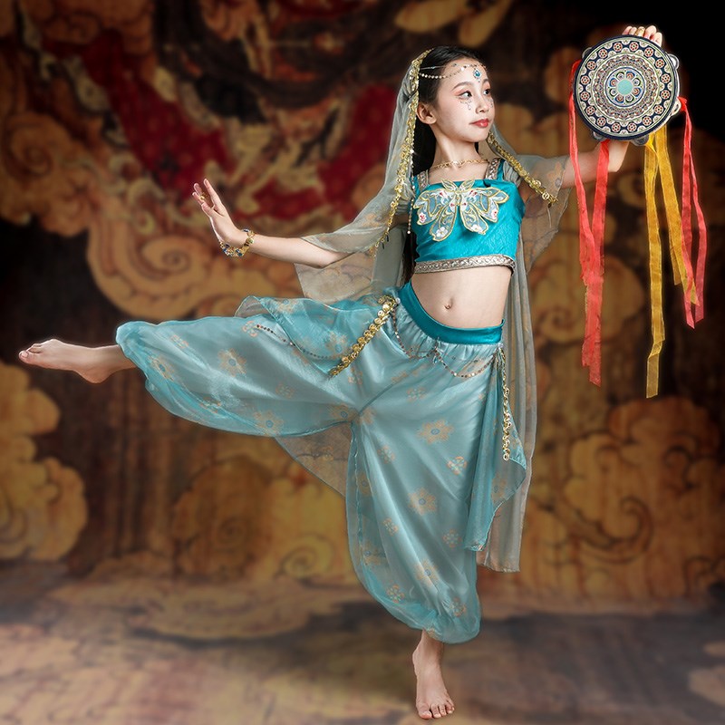 敦煌飞天儿童汉服反弹琵琶西域风情乐鼓服装女童古典舞蹈演出服装