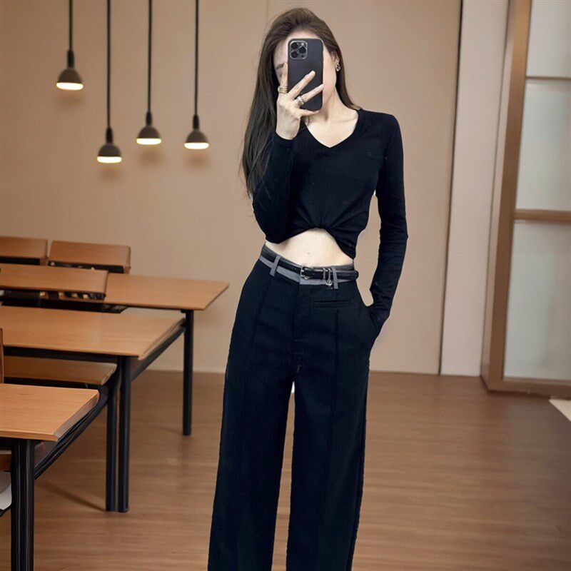 西装裤女春夏款2024新款垂感直筒西裤小个子休闲黑色窄版阔腿裤