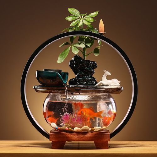 陶瓷创意循环流水摆件客厅玻璃金鱼缸桌面家用招财迷你办公室水景