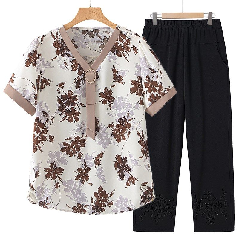 母亲节妈妈装新款夏装洋气中老年女时尚气质雪纺短袖套装奶奶上衣,女装/女士精品,中老年女装,淘宝优惠券,粉丝福利购,淘宝优惠卷