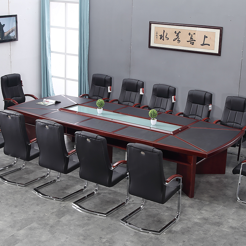 大型多人开会桌条形长方形会议桌长桌简约贴黑色皮质商务洽谈桌椅