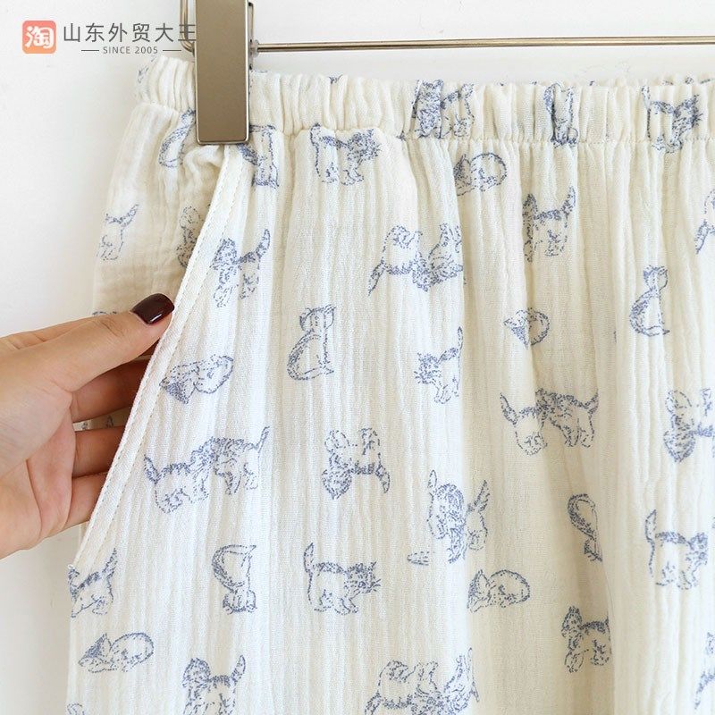 蓝色猫咪睡衣女纯棉纱布春秋夏季长袖薄款全棉家居服套装可外穿