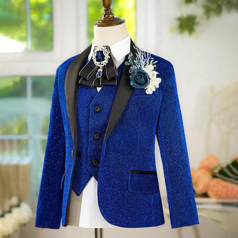 蓝色亮片男童西装套装儿童表演礼服男孩主持人走秀西服钢琴演出服