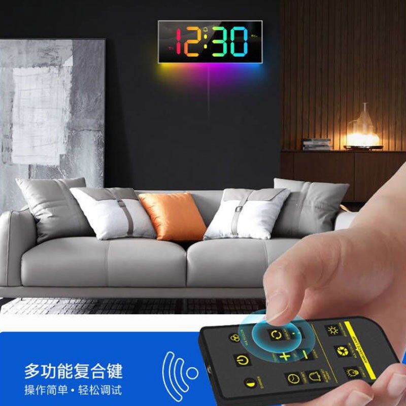 炫彩大屏LED数字时钟七彩变色GRB电子电视柜台钟客厅挂钟氛围夜灯