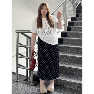 大码女装胖mm黑色波点半身裙女夏季新款开叉裙子显瘦气质中长裙子