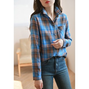 GESGOO撞色格子磨毛衬衫女秋冬2024新款休闲复古翻领叠穿衬衣内搭