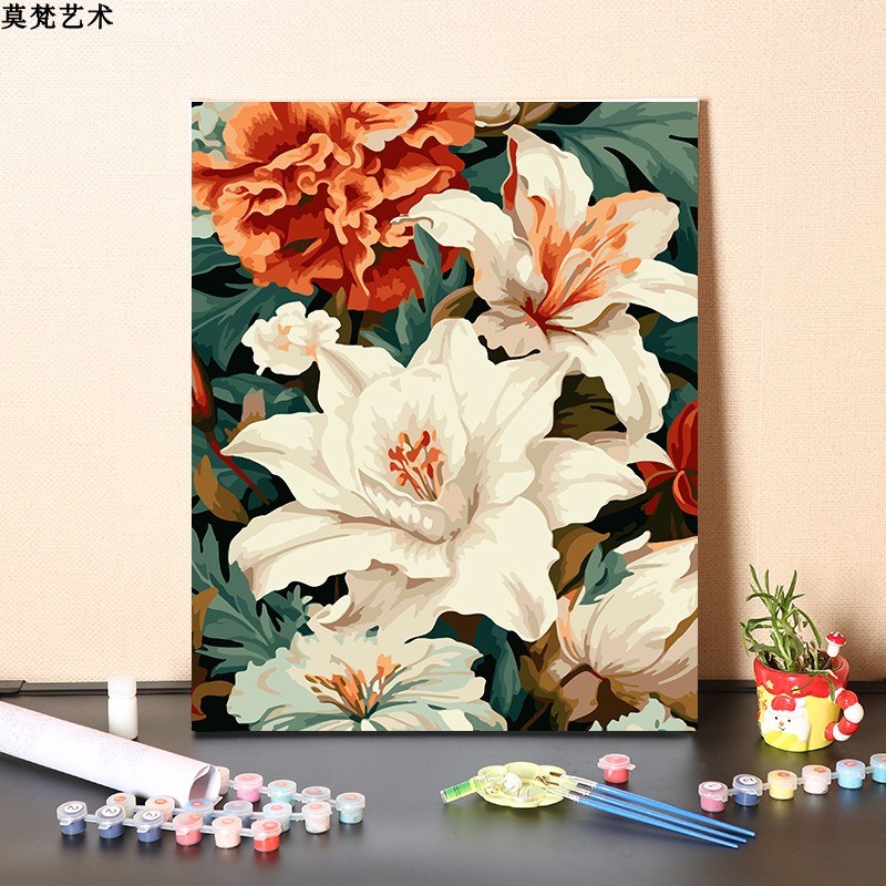 数字油画diy手工填充复古大气百合花手绘装饰丙烯减压涂色油彩画图片
