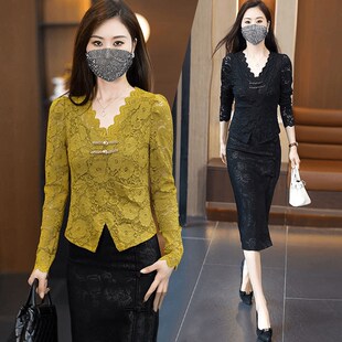 2025春季新款轻奢高级感小众修身花边V领洋气质长袖蕾丝上衣女士