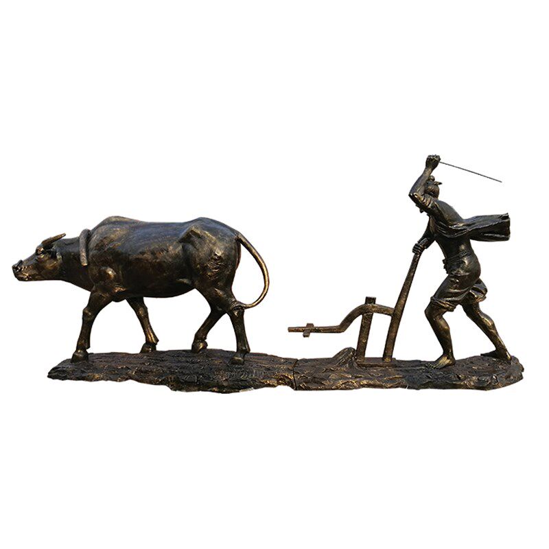玻璃钢农耕人物雕塑文化牛拉犁民俗浮雕园林仿铜人物铸铜摆件定制