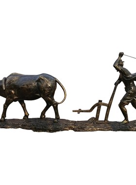 玻璃钢农耕人物雕塑文化牛拉犁民俗浮雕园林仿铜人物铸铜摆件定制