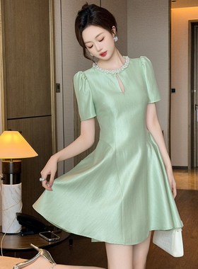 2025夏季新款女装法式薄荷绿收腰连衣裙显瘦显高气质a字裙80196
