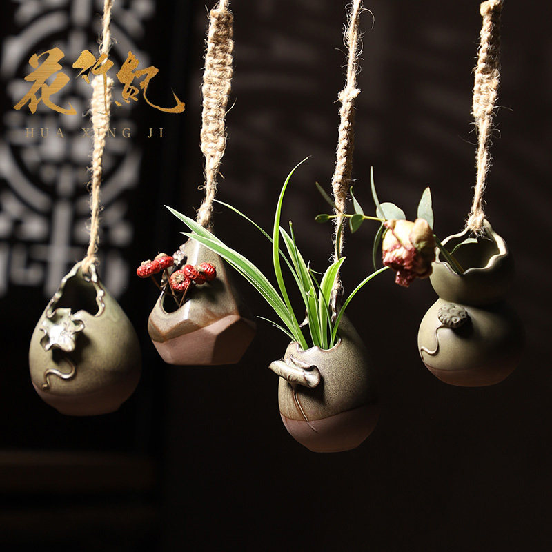 悬挂式陶瓷手工吊盆麻绳挂式垂吊装饰创意花器插花花瓶复古花盆,家居饰品,花瓶,淘宝优惠券,粉丝福利购,淘宝优惠卷