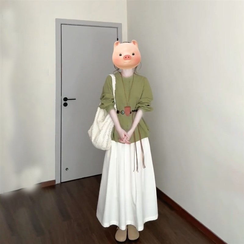 法式温柔文艺风绿色圆领长袖衬衫搭配高腰显瘦半身a字裙两件套装