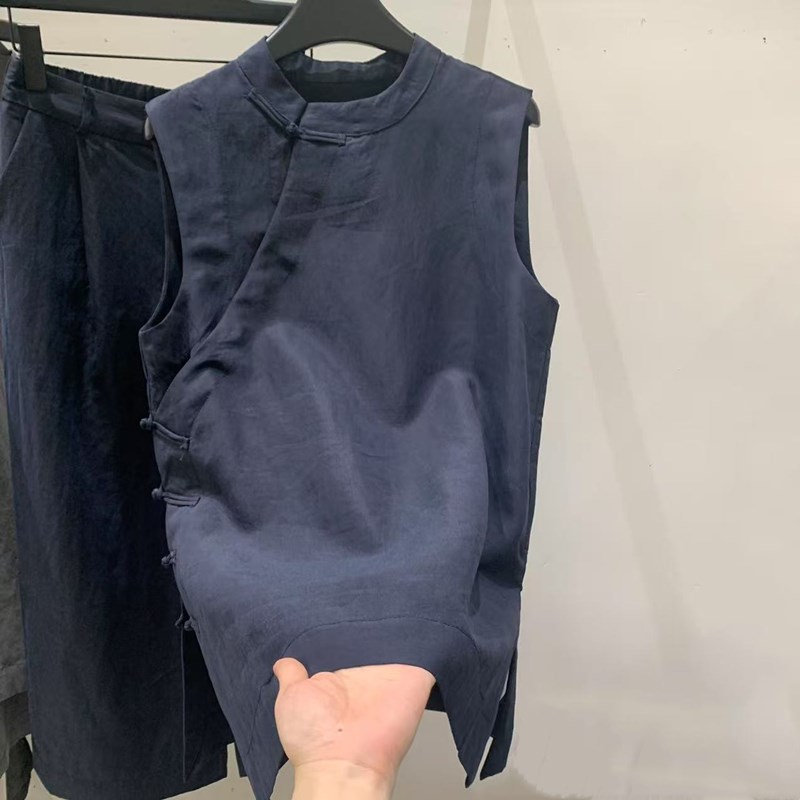 新中式斜襟盘扣无袖旗袍衫+阔腿裤两件套女2025夏季新款藏青套装