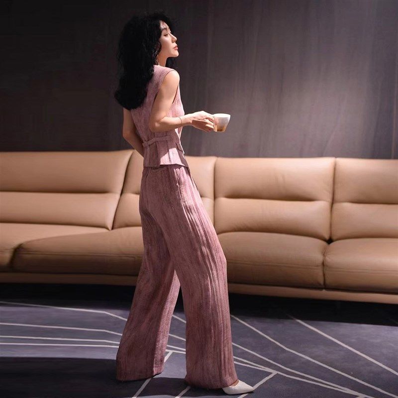 高端亚麻套装女夏季薄款西装无袖马甲高腰垂感阔腿裤时尚两件套