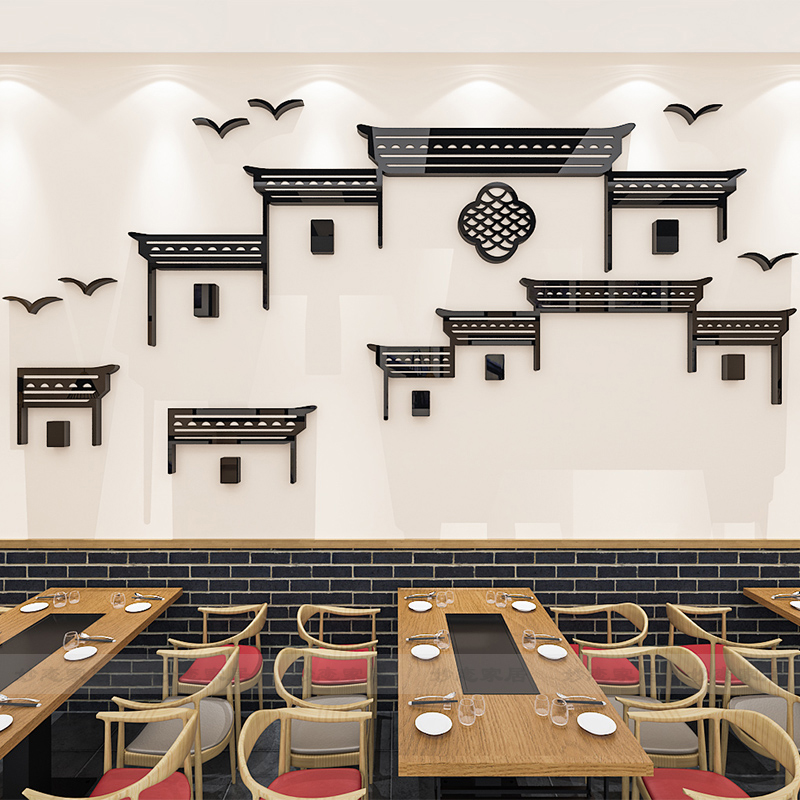 古典徽派建筑墙贴3d立体中式餐厅背景墙装饰贴画饭店包间墙面布图片