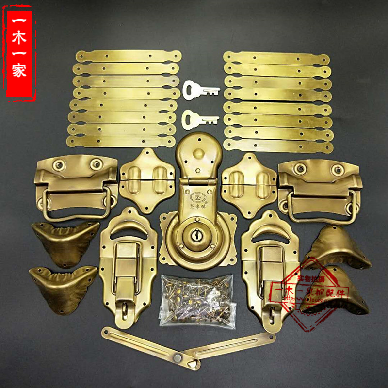樟木箱子老式纯铜五金配件仿古中式箱扣圆包角拉手锁扣复古全整套