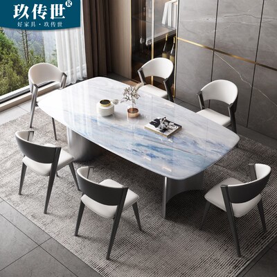 意式高端不锈钢大理石餐桌椅组合家用微晶石轻奢家用奢石长方形桌