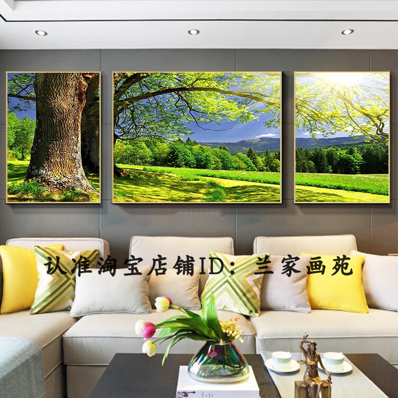 高档客厅风景画 阳光森林三联沙发墙壁挂画 晶瓷画高清大树装饰画