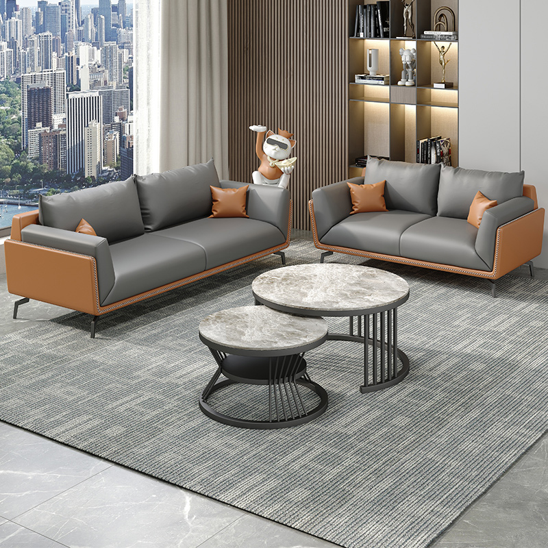 办公沙发简约会客商务休息区接待等候三人真皮办公室沙发茶几组合