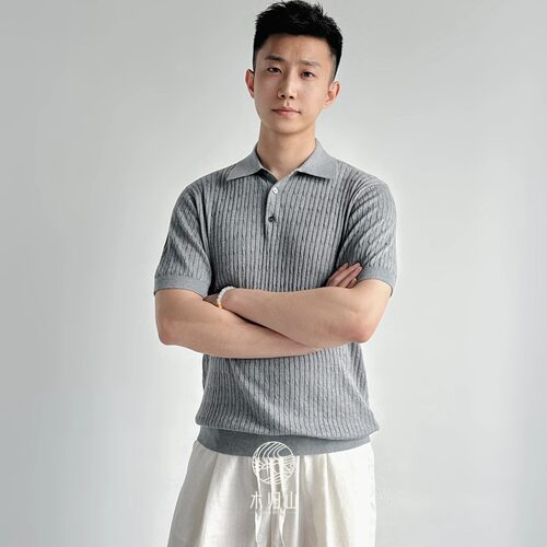 风华男士丝羊绒绞花短袖Polo衫
