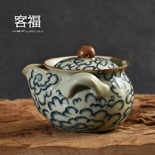 客福汝窑祥云手抓壶宝瓶青花仿古泡茶壶家用汝瓷高档功夫茶具茶壶