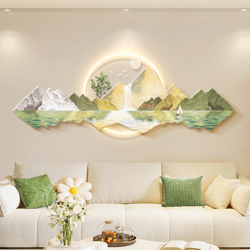 2024新款奶油风日照金山客厅装饰画led带灯三联壁沙发背景墙挂画