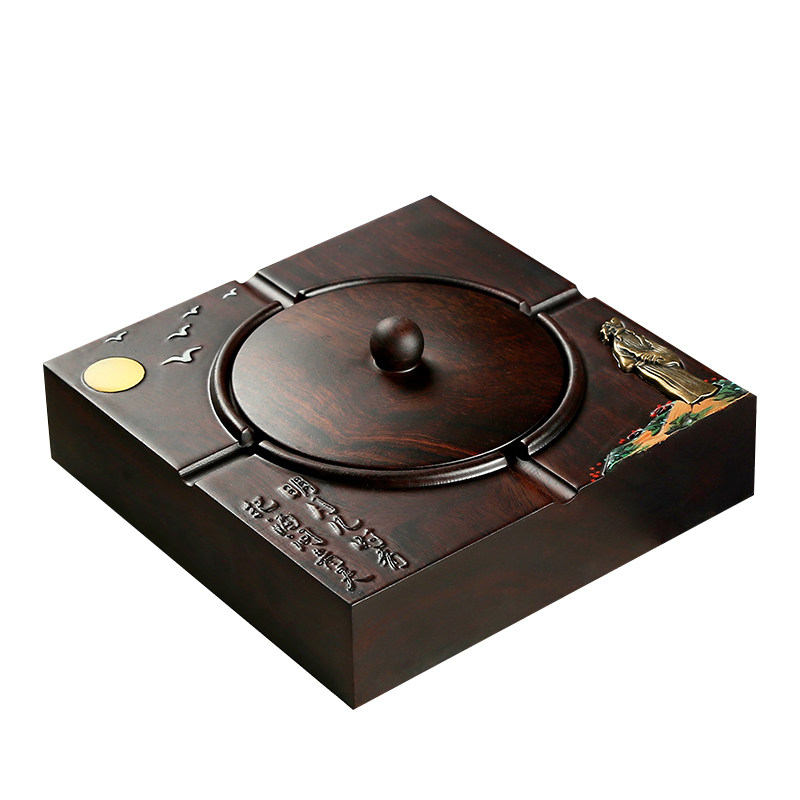 黑檀实木烟灰缸带盖家用防风烟灰缸创意个性潮流客厅大号复古中式