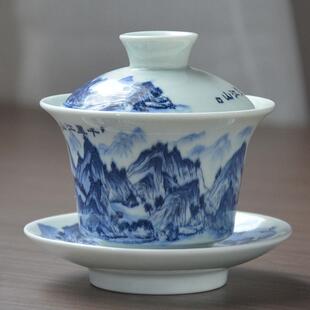 苍岚青花三才盖碗高档陶瓷影青泡茶碗家用马蹄功夫茶碗茶具大套装