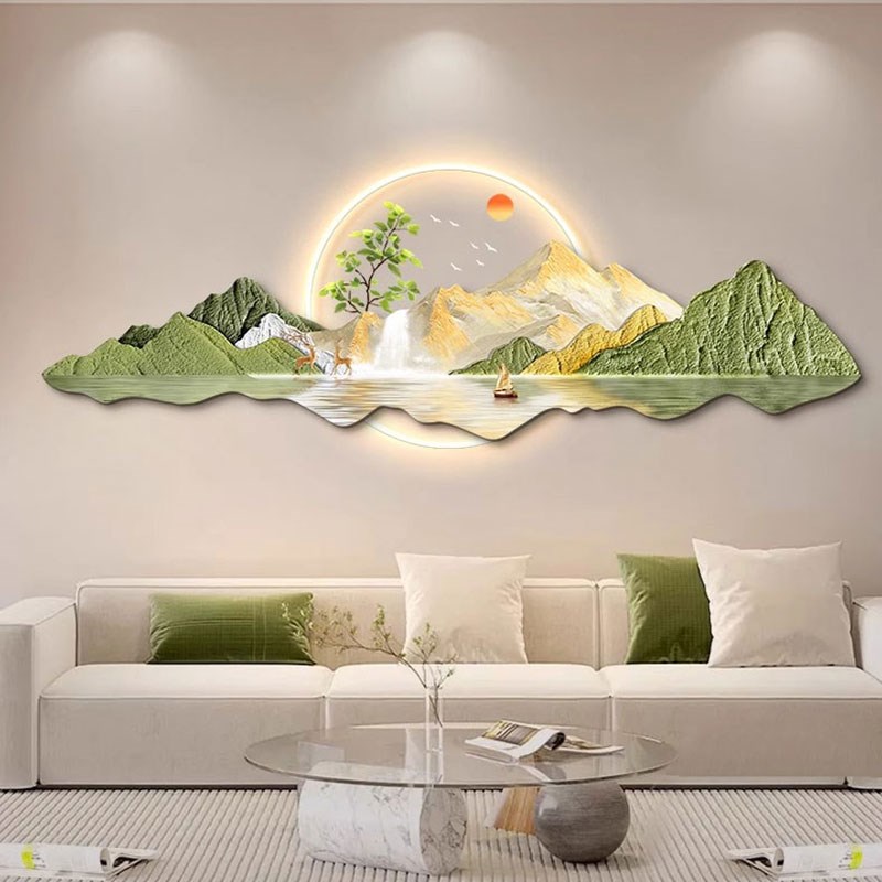 山水靠山客厅沙发背景墙装饰画灯光画轻奢高级感挂画2024新款壁画