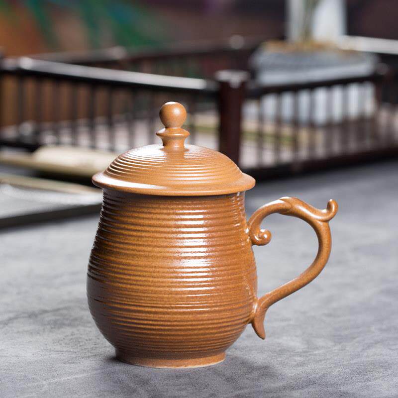龙工泉青瓷杯灰釉办公茶杯陶瓷大议容量手龙柄带盖杯高SKS端会水